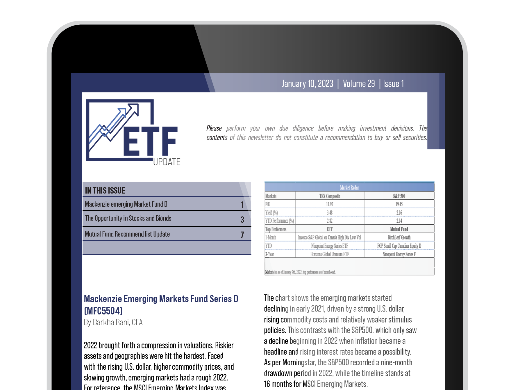 Tablet with first page of the ETF January 2023 newsletter 